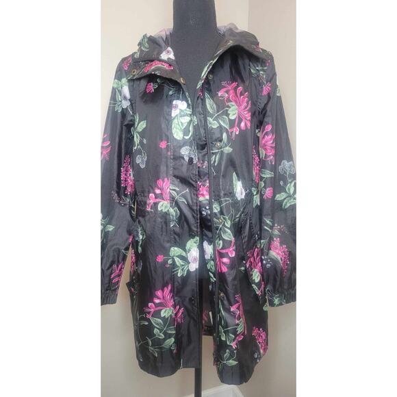 Joules Right as Rain Collection for Nordstrom Black Floral Rain Jacket Hood Sz 2 - Picture 1 of 4